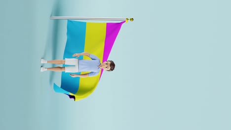 Man-waving-his-hand-to-say-hello-in-front-of-the-Pansexual-flag,-vertical-animation-video