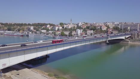 Static-4k-aerial-shot-of-Sava-river-and-Branko-bridge-in-Belgrade