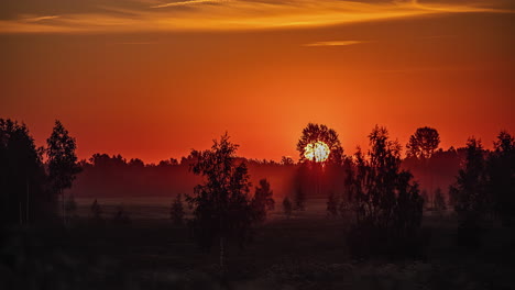 Timelapse-of-glowing-sun-rising-in-orange-golden-colored-sky-over-foggy-landscape-at-sunrise