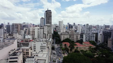 Flying-over-the-Ipiranga-avenue-in-partly-sunny-Sao-Paulo,-Brazil---Aerial-view