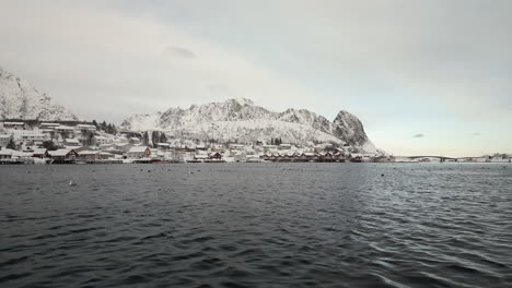 Aerial-Above-Calm-Waters-Of-Lofoten-Archipelago-With-Waterbirds-Floating-And-Flying