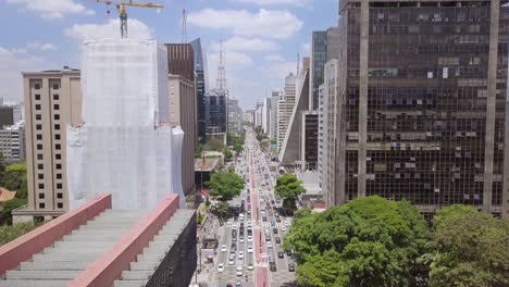 Avenida-Paulista-in-Sao-Paulo,-a-long-static-aerial-shot-of-the-main-Brazilian-business-street-with-landmarks