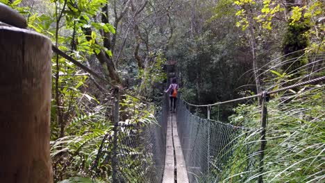 Mujer-Caminando-Con-Cuidado-Sobre-El-Puente-De-Cuerda-En-La-Naturaleza-De-Nueva-Zelanda