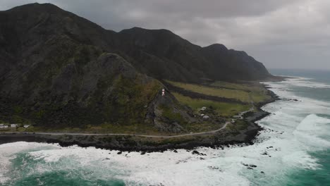 Cape-Palliser-Lighthouse---Ocean-Waves-Crashing-Against-Rocky-Coast-of-Matakitaki-a-kupe-Reserve-In-New-Zealand