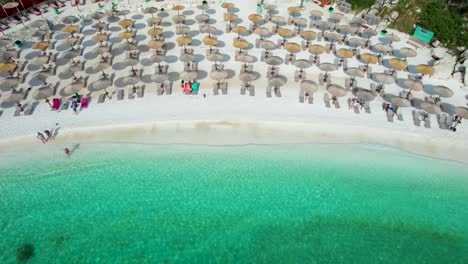 Top-Down-View-Revealing-The-Beautiful-Marble-Beach,-With-Crystal-Clear-Water,-White-Pebbles,-Lush-Green-Vegetation,-Umbrellas-And-Sunbeds,-Thassos-Island,-Greece,-Mediterranean-Sea,-Europe