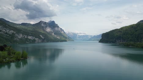 Drone-view-of-the-Walensee-lake-near-Weesen,-Switzerland