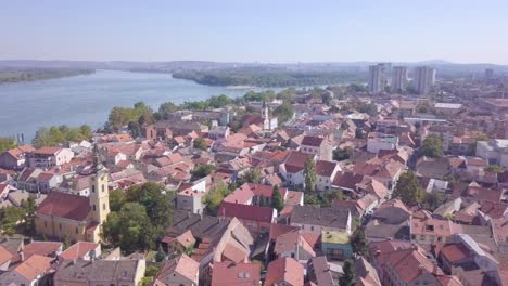 Interesting-aerial-4k-panorama-of-Zemun-Old-city-form-Gardos-hill,-Belgrade