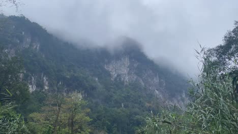 Static-shot-of-misty-limestone-mountain-ridge-with-thick-rainforest-at-the-bottom