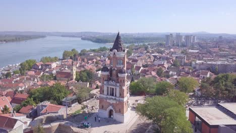 4k-aerial-orbiting-shot-of-Gardos-Tower-in-Zemun-Old-city,-Danube-river-Belgrade