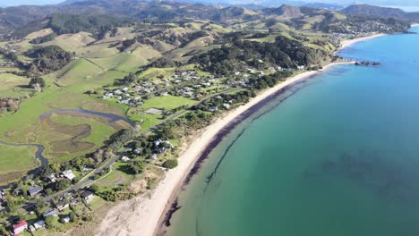 Aerial-View-Of-Kuaotunu-Beach-And-River-In-Waikato,-New-Zealand-Near-Matarangi-In-Coromandel-Peninsula
