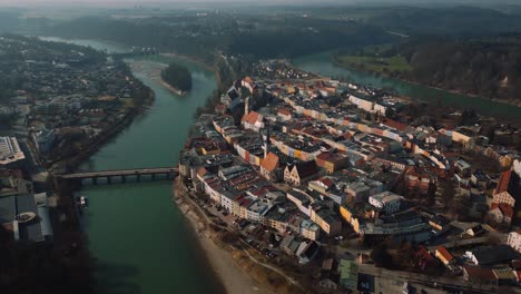 Wasserburg-am-Inn,-medieval-old-town-in-Bavaria,-Germany,-surrounded-by-green-river-bend