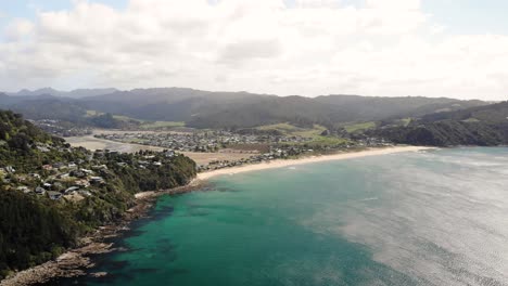 Tairua-Beach,-Coromandel-Peninsula,-New-Zealand,-Aerial-View,-Picturesque-Coast-on-South-Pacific-Ocean