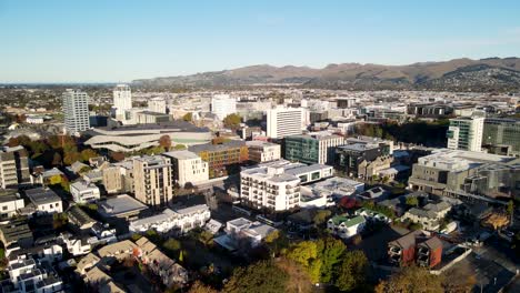 Drone-fly-to-Christchurch,-biggest-city-in-South-Island,-New-Zealand