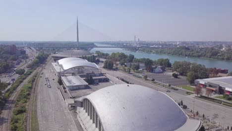 Stunning-revealing-aerial-shot-of-Ada-Bridge-and-Belgrade-fair