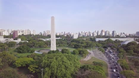Center-of-Sao-Paolo-in-Brazil-with-touristic-landmarks-and-skyline--aerial-static-shot