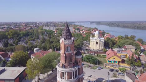 Interesting-opening-4k-aerial-shot-of-Gardos-Tower-in-Zemun-Old-city-with-blue-Danube