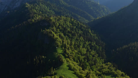 Zoom-in-landscape-view-of-mountain-forests-and-valleys-covered-in-green-trees,-in-the-Caucasus-Mountains