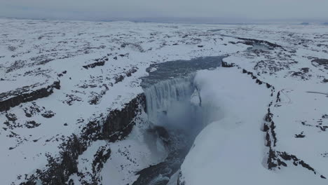 Aerial-View-of-Cold-WInter-in-Landscape-of-Iceland,-Waterfall-and-Snow-Capped-Volcanic-Fields