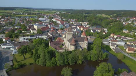 Magic-aerial-top-view-flight-Austria-Heidenreichstein-castle-in-Europe,-summer-of-2023