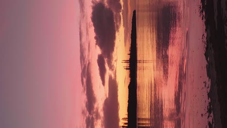 Vertikale-Kamerafahrt-Hinter-Dem-Palmenstamm,-Der-Die-Bucht-Bei-Farbenprächtigem-Sonnenuntergang-Auf-Der-Pinieninsel-Freigibt
