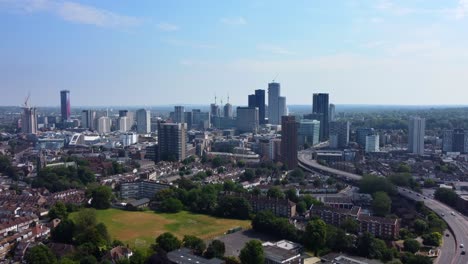 Drone-shot-Croydon-city-skyline-in-South-London-on-hot-summer-day