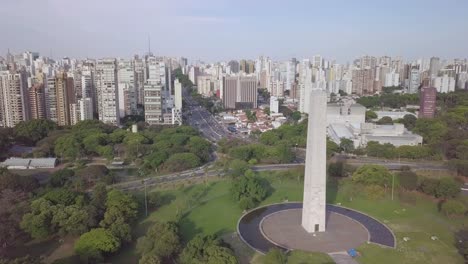 Skyline-of-Sao-Paulo-wit-famous-Obelisco-landmark-in-Sao-Paolo-city-center--aerial-drone-shot