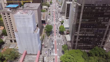 Brazil's-main-street-is-full-of-cars-and-people-on-a-sunny-day-in-Sao-Paulo--an-aerial-shot-of-Avenida-Paulista-and-landmarks