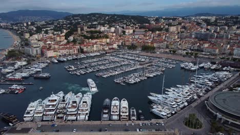 Drone-shot-yachts-and-boats-docked-at-port-in-Cannes-in-France