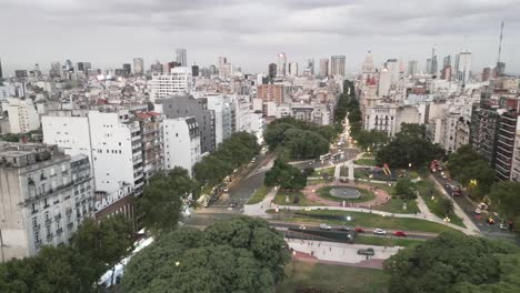 Aerial-Drone-Fly-Above-Congress-Neighborhood-in-Buenos-Aires-City-Argentina-during-Afternoon,-Gaumont-Cinema-and-May-Avenue