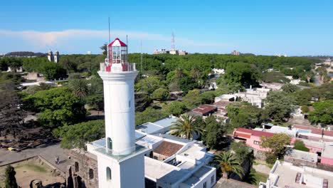 Aerial-view-orbit-of-Colonia-del-Sacramento-lighthouse,-Uruguay---Drone-4k