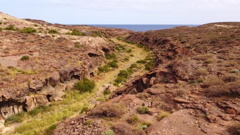 Aerial-dolly-in-over-desert-arid-landscape-of-Tenerife-with-sea-in-background