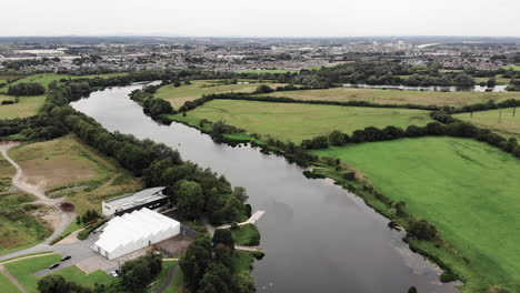 Aerial-View-of-Shannon-River-With-Limerick-City-in-Skyline,-Republic-of-Ireland