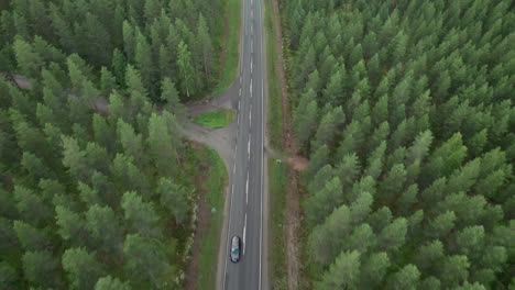 Aerial-Bird-View-of-Forest-Road-in-Finland,-Black-Car-Passing-By,-Drone-Following-Car,-Traffic,-Summer,-Overcast-Day