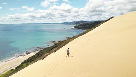 Traveler-walking-on-huge-sand-dune-at-Ahipara-Sand-Dunes,-Northland,-New-Zealand---aerial-view