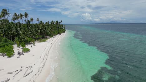 white-sandy-beach-shoreline-with-coconut-palm-trees-and-clear-ocean-water,-aerial-dolly