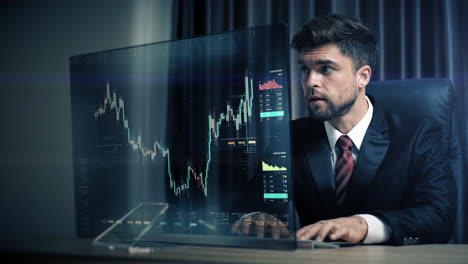 A-businessman-analyzing-stock-market,-crypto-trading,-info-graphic-with-animated-graphs,-charts-and-data-numbers-insight-on-a-transparent-monitor-display-screen
