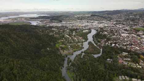 Hatea-river-and-Riverside-of-Whangarei-City,-highest-populated-area-in-Northland,-New-Zealand---aerial-drone