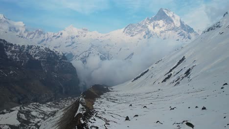 Cinematic-Aerial-View-Of-Machapuchare-Peak-At-Annapurna-Massif-of-Gandaki-Province