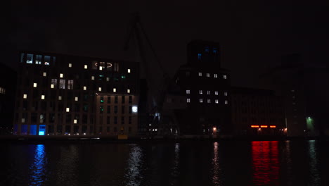 Modern-buildings-on-the-harbor-with-changing-lights