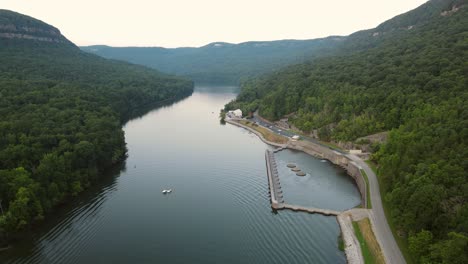 Water-discharge-station-of-Raccoon-Mountain-Reservoir-on-Tennessee-river,-aerial-view