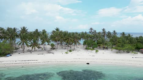 Aerial-pan-across-Canimeran-island-with-coconut-palm-trees-and-white-sandy-beach