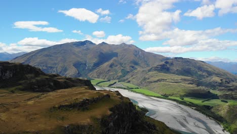 Beautiful-aerial-landscape-of-New-Zealand,-river-bed-of-Matukituki-River