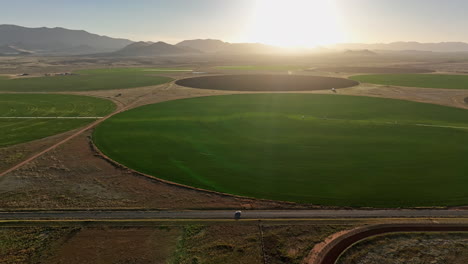 Aerial-shot-of-car-driving-on-dirt-road-in-near-pivots-with-green-farm-growth-in-Willcox,-Arizona,-wide-side-angle-drone-shot