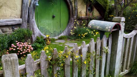 Agujero-Hobbit-Con-Puerta-Verde-Y-Pequeño-Jardín-De-Flores-Del-Señor-De-Los-Anillos