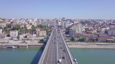 Revealing-4k-aerial-shot-of-Branko-bridge-and-Belgrade-city-centre