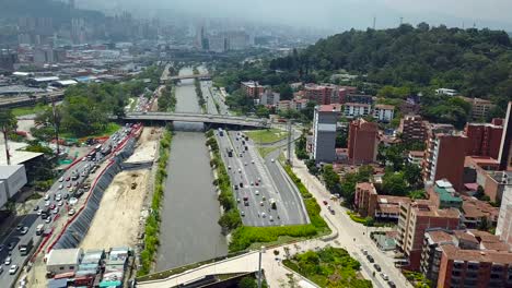 Interesting-aerial-fly-over-the-busy-crossroads-of-Medellin