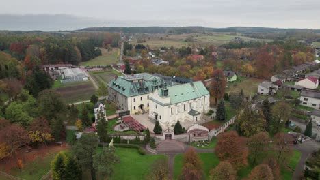 Aerial-view-of-Visitation-of-the-Blessed-Virgin-Mary-in-Żarki,-Poland