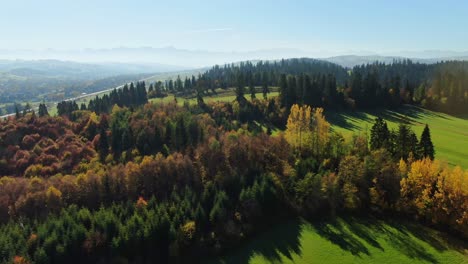 Colourful-autumn-forest-and-lush-green-pasture-with-Tatra-mountains-on-horizon,-aerial