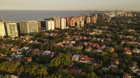 Aerial-view-of-residential-neighborhood-of-Vicente-Lopez-with-sea-in-background-during-sunset-time---Buenos-Aires,-Argentina