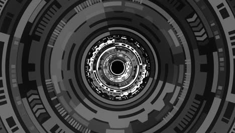 Animation-of-seamless-loop-of-futuristic-black-and-white-mechanical-wheel-in-space,-front-view-on-wheel-center,-engineering-concept